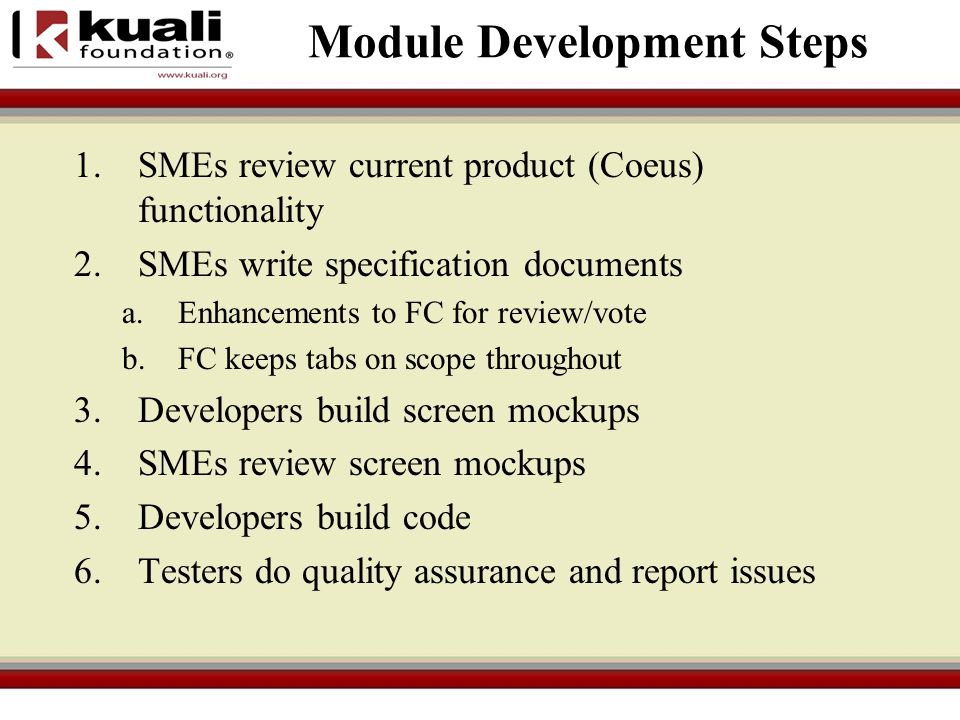 Module Development Steps 1.SMEs review current product (Coeus) functionality 2.SMEs write specification documents a.Enhancements to FC for review/vote b.FC keeps tabs on scope throughout 3.Developers build screen mockups 4.SMEs review screen mockups 5.Developers build code 6.Testers do quality assurance and report issues