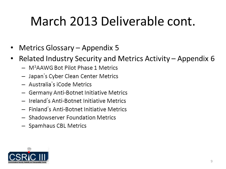 9 March 2013 Deliverable cont.
