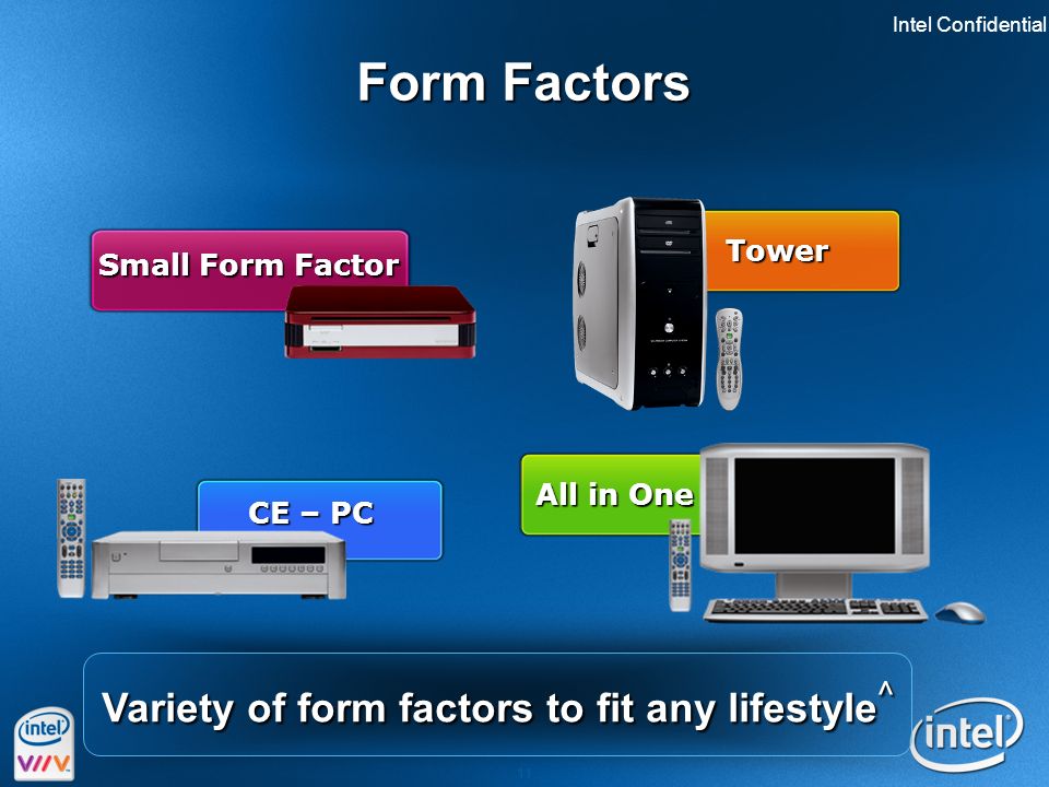 Intel Confidential 11 Form Factors All in One Tower CE – PC Small Form Factor Variety of form factors to fit any lifestyle ^