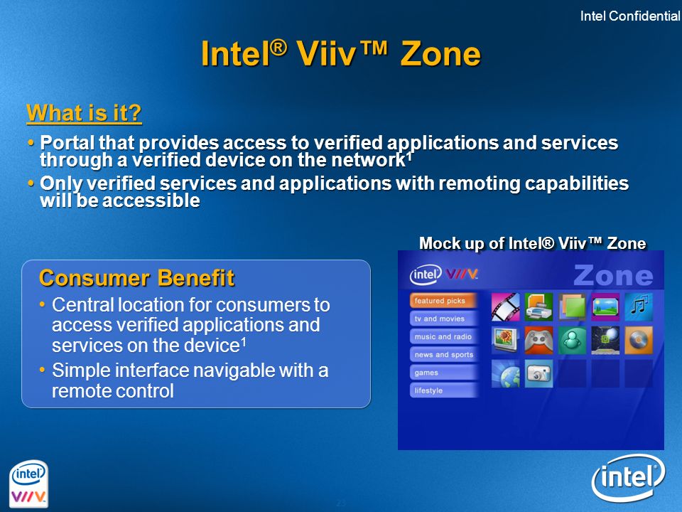 Intel Confidential 23 Intel ® Viiv™ Zone What is it.