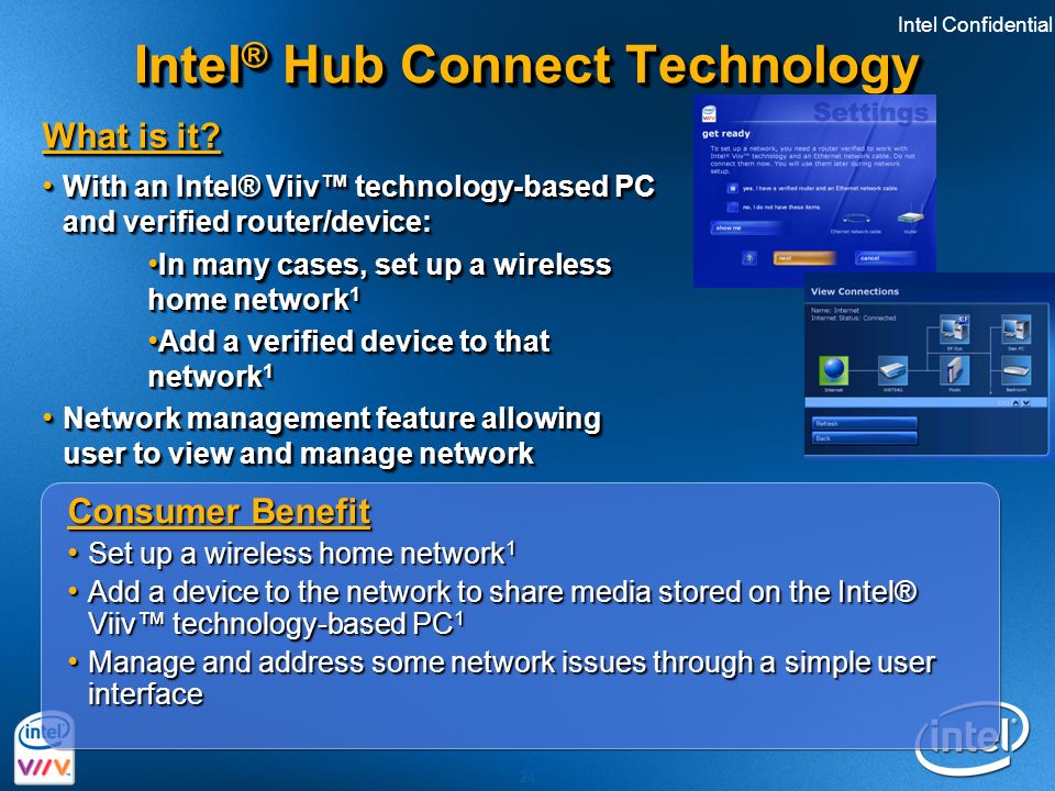 Intel Confidential 24 Consumer Benefit Set up a wireless home network 1 Set up a wireless home network 1 Add a device to the network to share media stored on the Intel® Viiv™ technology-based PC 1 Add a device to the network to share media stored on the Intel® Viiv™ technology-based PC 1 Manage and address some network issues through a simple user interface Manage and address some network issues through a simple user interface Consumer Benefit Set up a wireless home network 1 Set up a wireless home network 1 Add a device to the network to share media stored on the Intel® Viiv™ technology-based PC 1 Add a device to the network to share media stored on the Intel® Viiv™ technology-based PC 1 Manage and address some network issues through a simple user interface Manage and address some network issues through a simple user interface Intel ® Hub Connect Technology What is it.