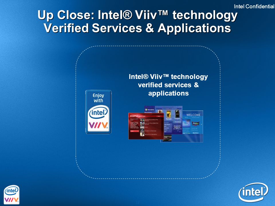 Intel Confidential 32 Up Close: Intel® Viiv™ technology Verified Services & Applications Intel® Viiv™ technology verified services & applications