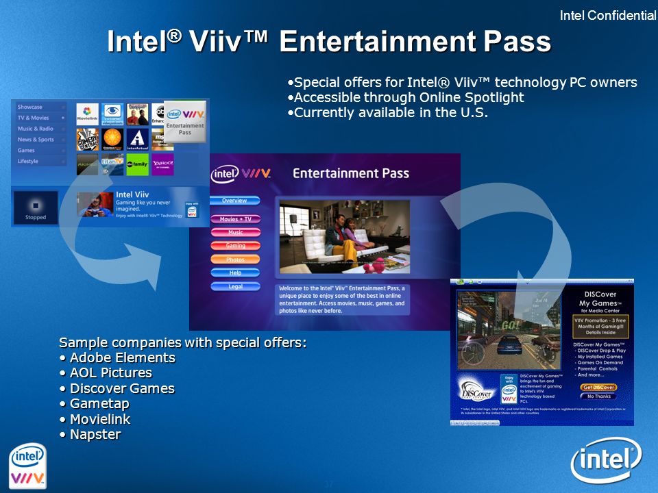 Intel Confidential 37 Intel ® Viiv™ Entertainment Pass Special offers for Intel® Viiv™ technology PC owners Accessible through Online Spotlight Currently available in the U.S.