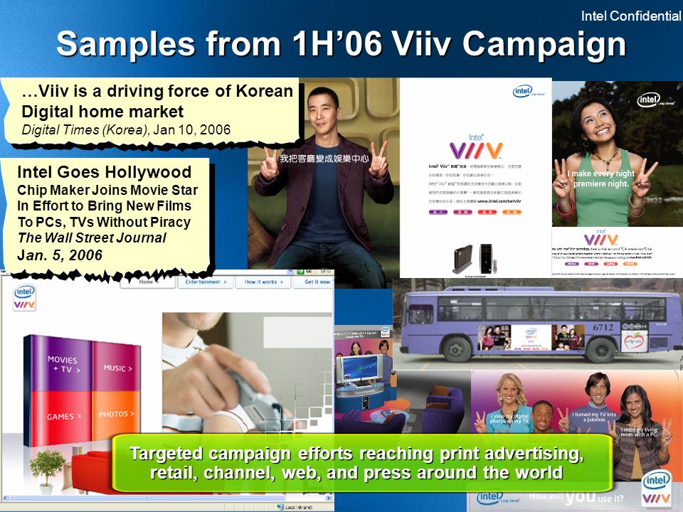 Intel Confidential 43 Samples from 1H’06 Viiv Campaign …Viiv is a driving force of Korean Digital home market Digital Times (Korea), Jan 10, 2006 Intel Goes Hollywood Chip Maker Joins Movie Star In Effort to Bring New Films To PCs, TVs Without Piracy The Wall Street Journal Jan.