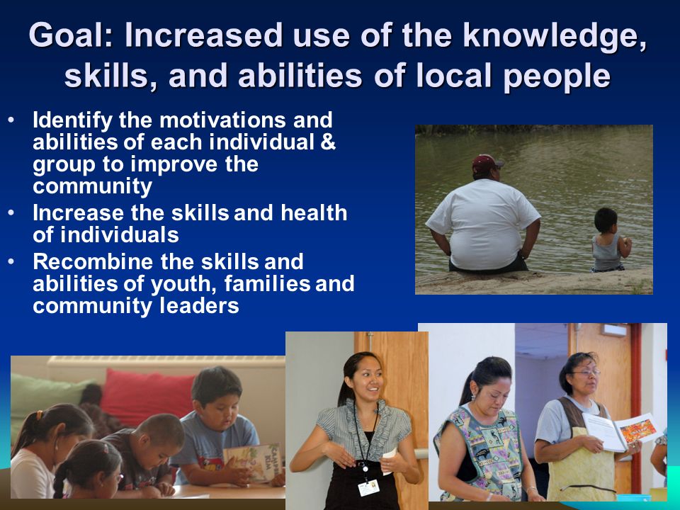 Goal: Increased use of the knowledge, skills, and abilities of local people Identify the motivations and abilities of each individual & group to improve the community Increase the skills and health of individuals Recombine the skills and abilities of youth, families and community leaders