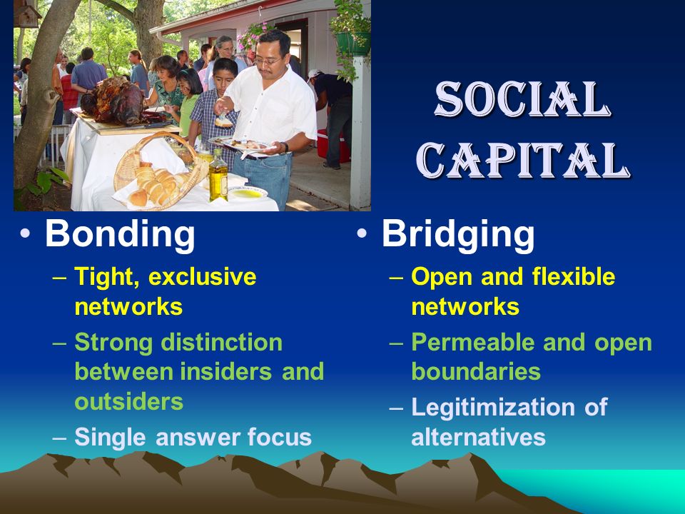 Social Capital Bonding –Tight, exclusive networks –Strong distinction between insiders and outsiders –Single answer focus Bridging –Open and flexible networks –Permeable and open boundaries –Legitimization of alternatives