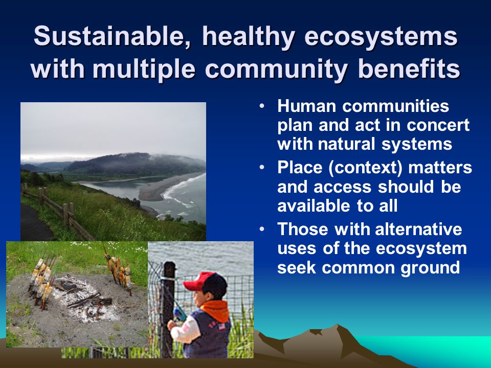 Sustainable, healthy ecosystems with multiple community benefits Human communities plan and act in concert with natural systems Place (context) matters and access should be available to all Those with alternative uses of the ecosystem seek common ground