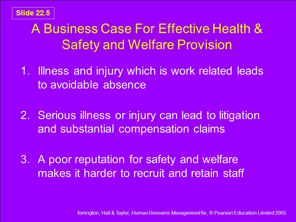 Torrington, Hall & Taylor, Human Resource Management 6e, © Pearson Education Limited 2005 Slide 22.5 A Business Case For Effective Health & Safety and Welfare Provision 1.Illness and injury which is work related leads to avoidable absence 2.Serious illness or injury can lead to litigation and substantial compensation claims 3.A poor reputation for safety and welfare makes it harder to recruit and retain staff