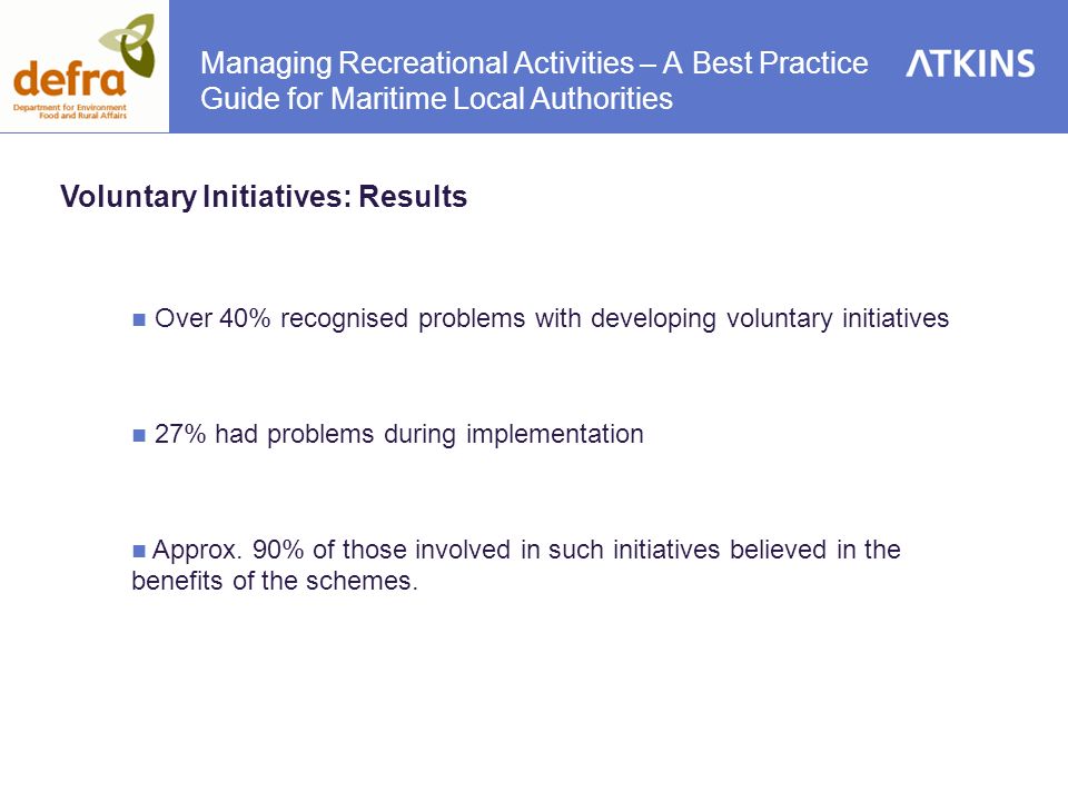Voluntary Initiatives: Results Over 40% recognised problems with developing voluntary initiatives 27% had problems during implementation Approx.