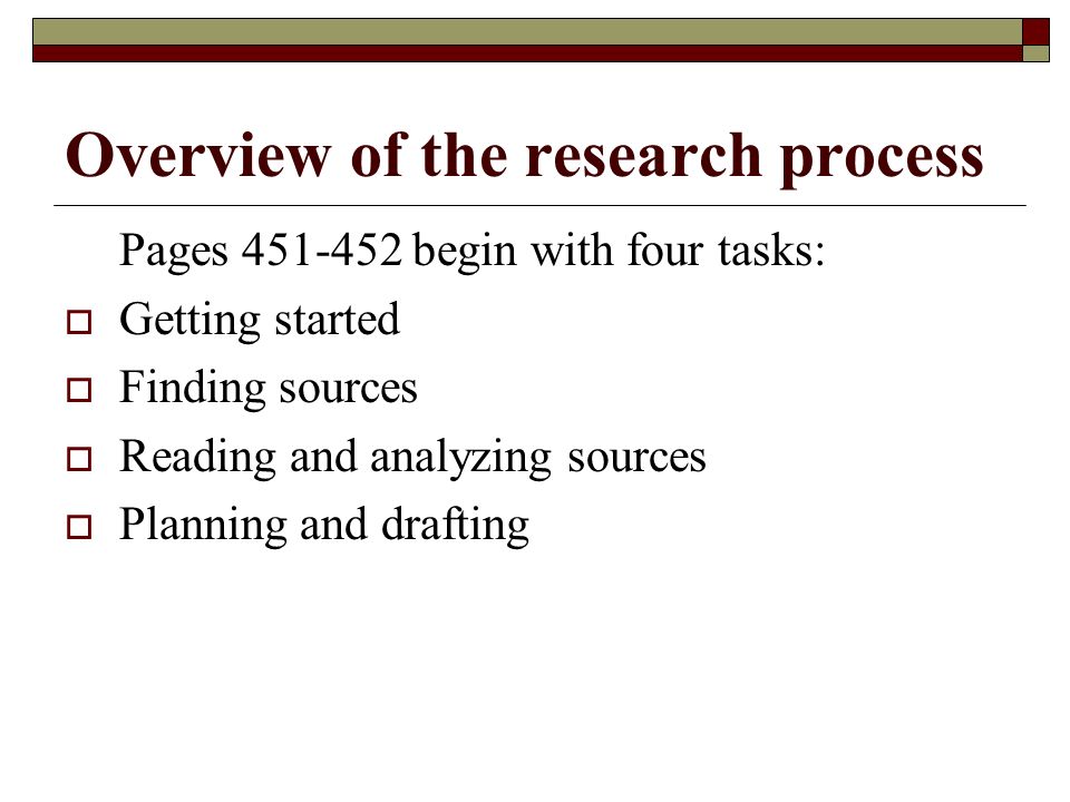 Overview of the research process Pages begin with four tasks:  Getting started  Finding sources  Reading and analyzing sources  Planning and drafting