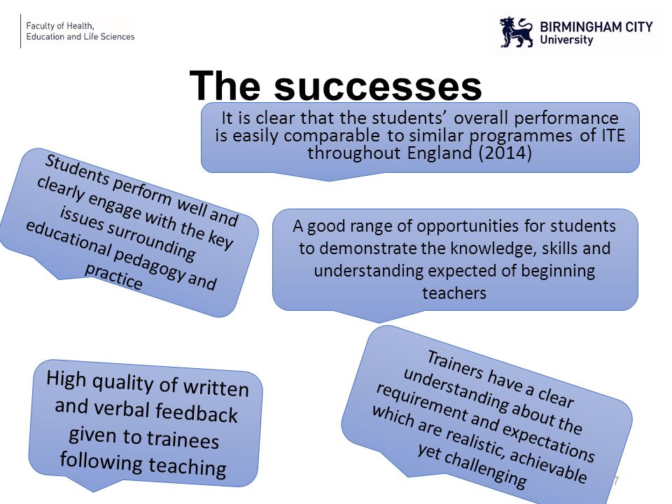 The successes 7 It is clear that the students’ overall performance is easily comparable to similar programmes of ITE throughout England (2014) A good range of opportunities for students to demonstrate the knowledge, skills and understanding expected of beginning teachers Trainers have a clear understanding about the requirement and expectations which are realistic, achievable yet challenging High quality of written and verbal feedback given to trainees following teaching Students perform well and clearly engage with the key issues surrounding educational pedagogy and practice