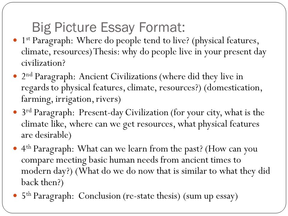 Big Picture Essay Format: 1 st Paragraph: Where do people tend to live.