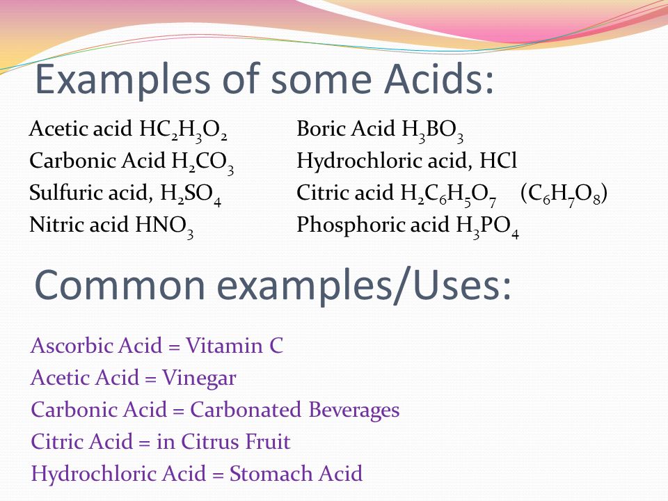 Examples of some Acids: Acetic acid HC 2 H 3 O 2 Boric Acid H 3 BO 3 Carbonic Acid H 2 CO 3 Hydrochloric acid, HCl Sulfuric acid, H 2 SO 4 Citric acid H 2 C 6 H 5 O 7 (C 6 H 7 O 8 ) Nitric acid HNO 3 Phosphoric acid H 3 PO 4 Common examples/Uses: Ascorbic Acid = Vitamin C Acetic Acid = Vinegar Carbonic Acid = Carbonated Beverages Citric Acid = in Citrus Fruit Hydrochloric Acid = Stomach Acid