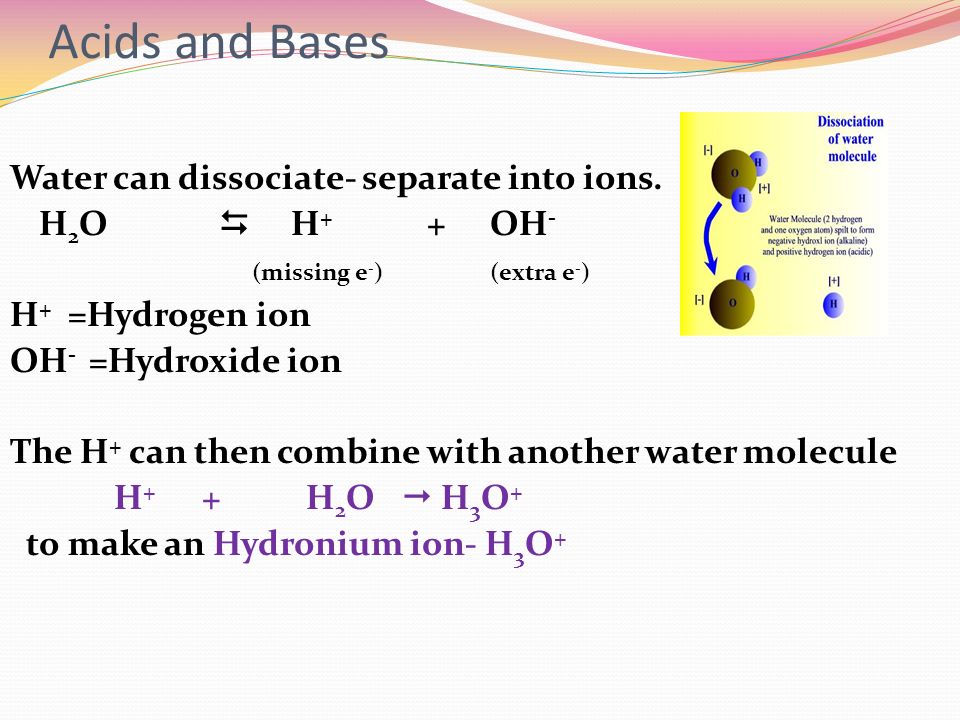 Acids and Bases Water can dissociate- separate into ions.