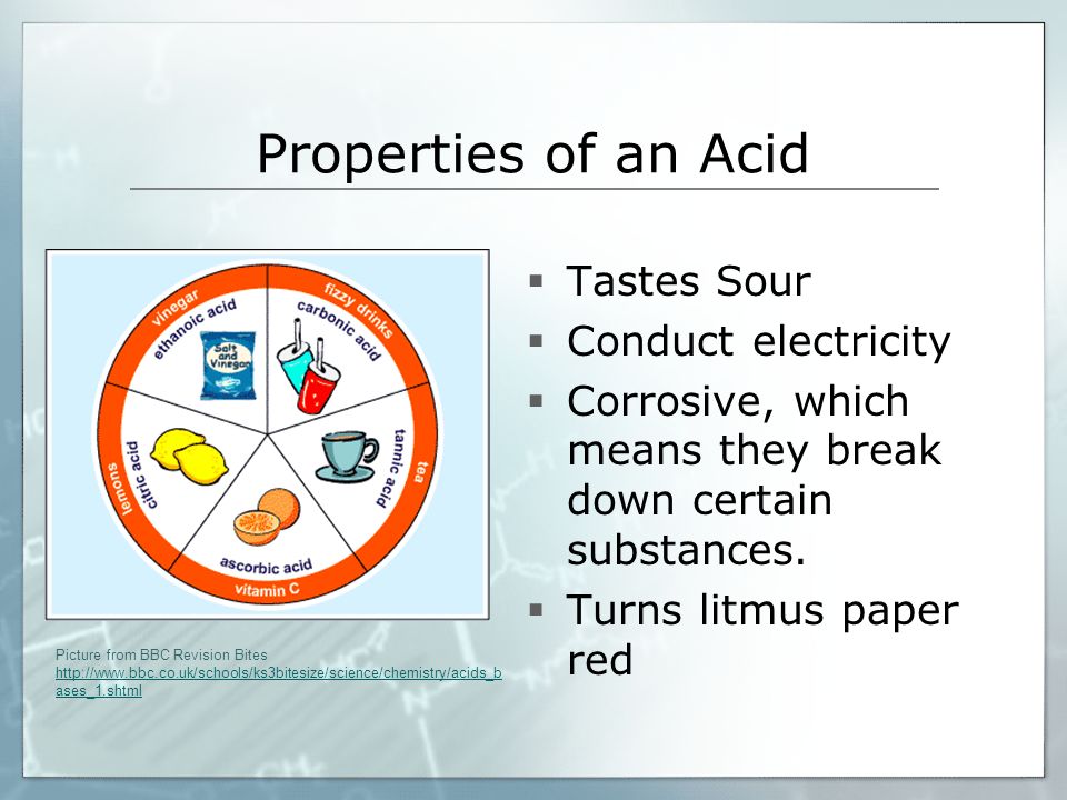 Properties of an Acid  Tastes Sour  Conduct electricity  Corrosive, which means they break down certain substances.
