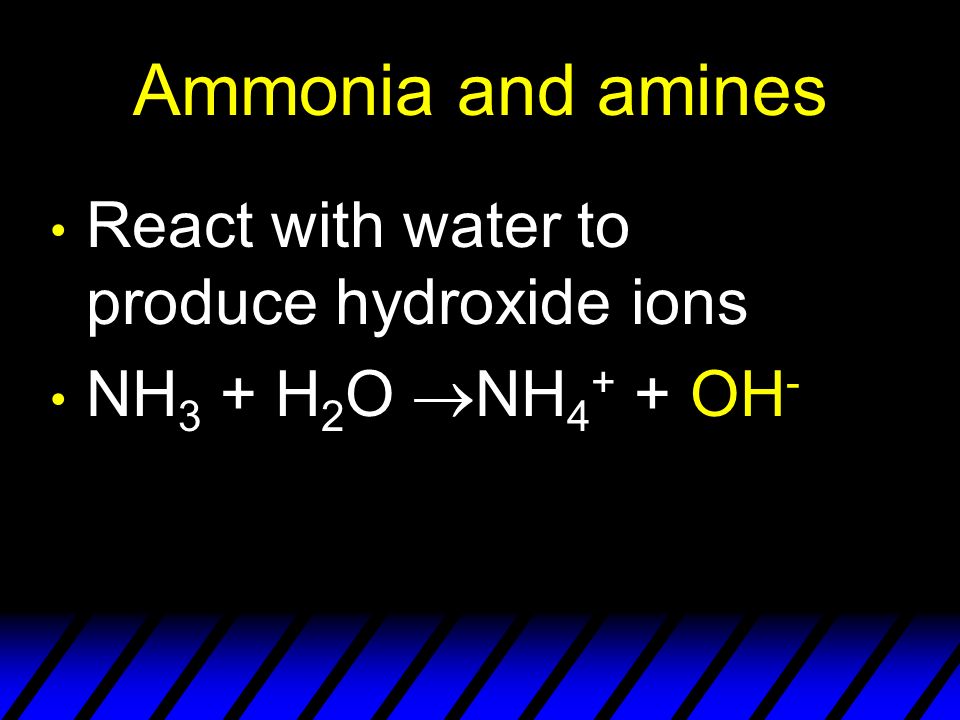 Ammonia and amines React with water to produce hydroxide ions NH 3 + H 2 O  NH OH -