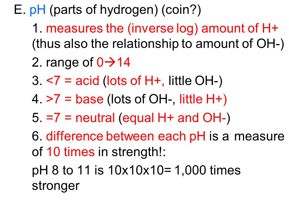 E. pH (parts of hydrogen) (coin ) 1.
