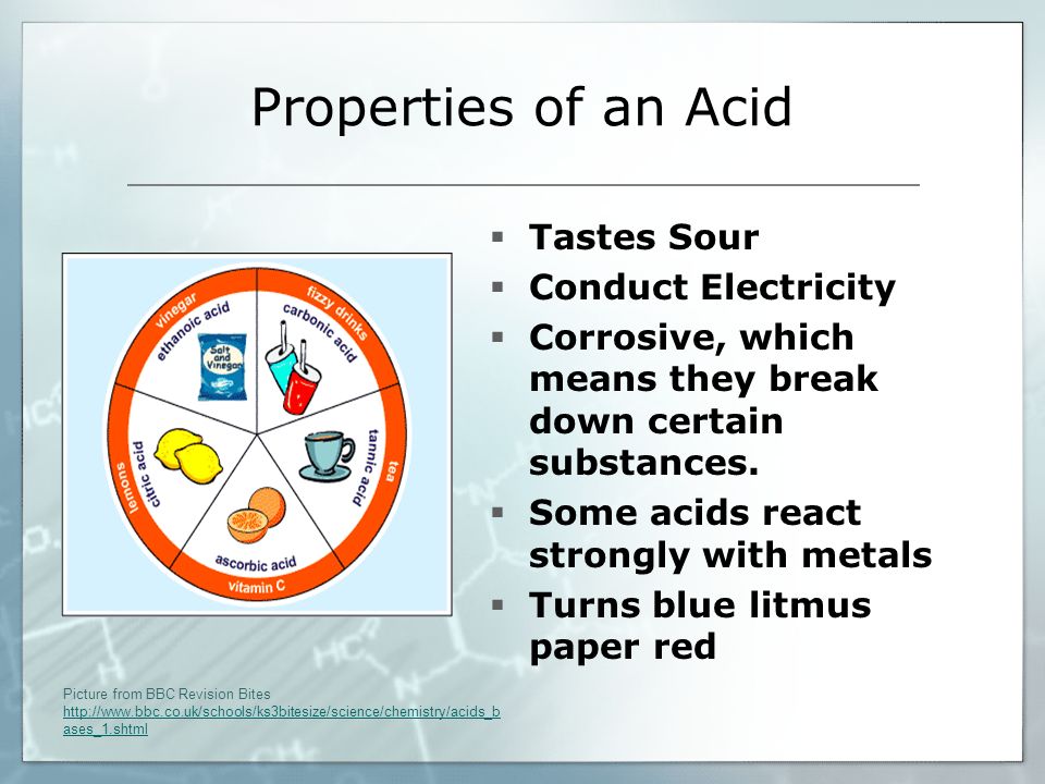 Properties of an Acid  Tastes Sour  Conduct Electricity  Corrosive, which means they break down certain substances.