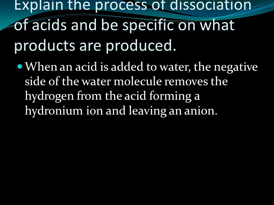 Explain the process of dissociation of acids and be specific on what products are produced.