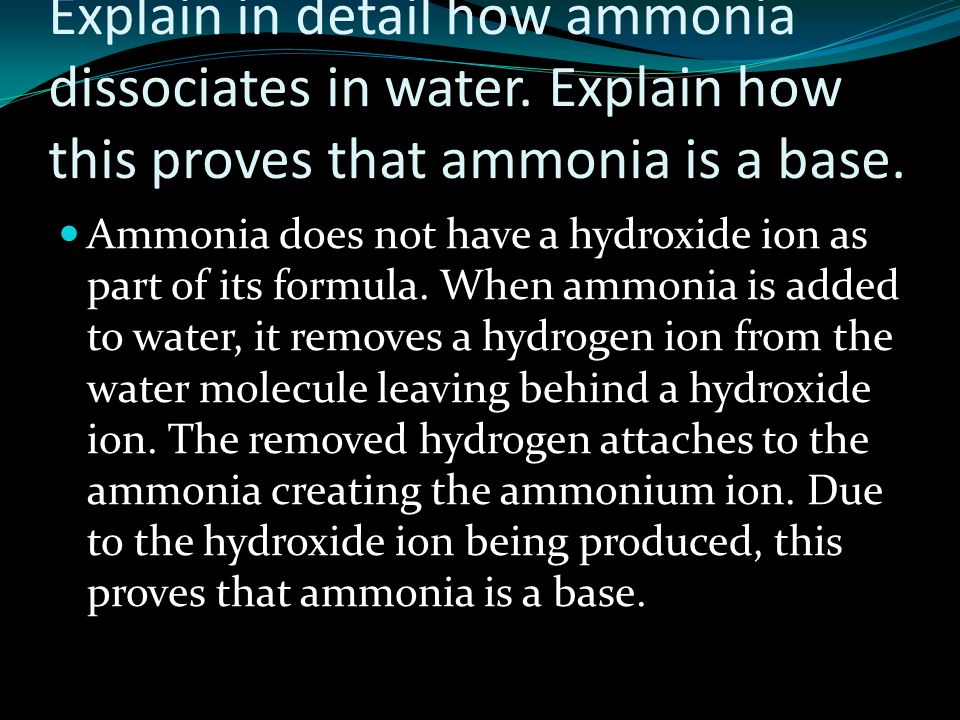 Explain in detail how ammonia dissociates in water.
