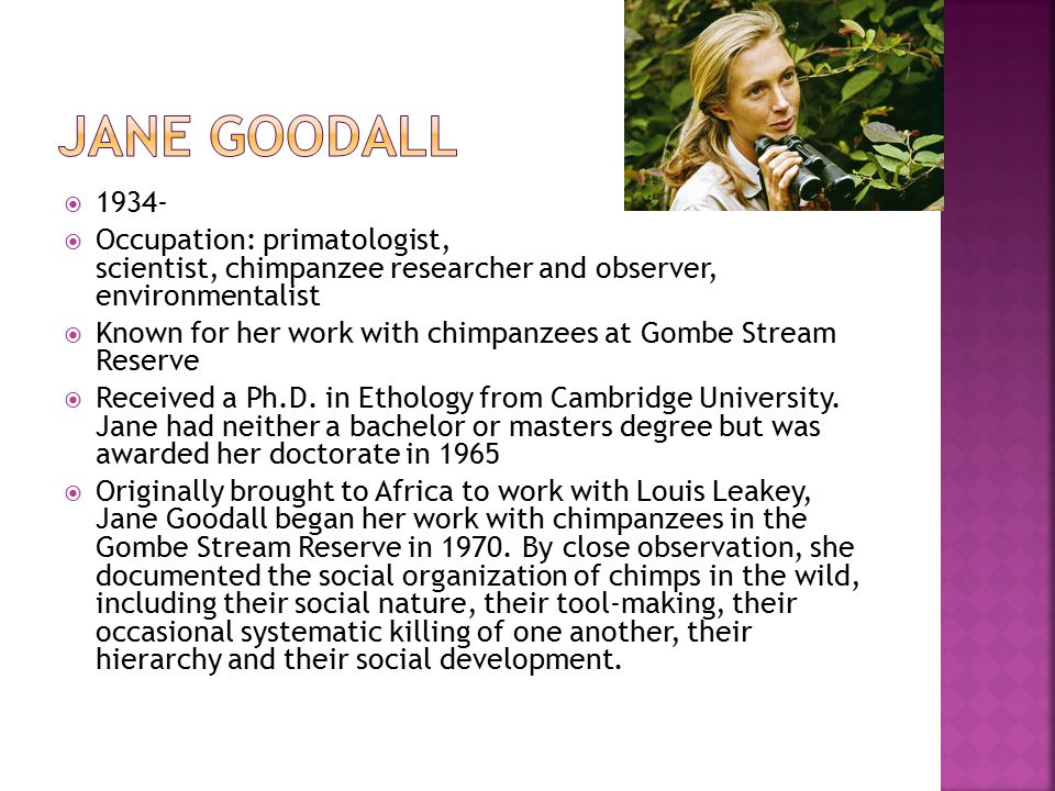   Occupation: primatologist, scientist, chimpanzee researcher and observer, environmentalist  Known for her work with chimpanzees at Gombe Stream Reserve  Received a Ph.D.