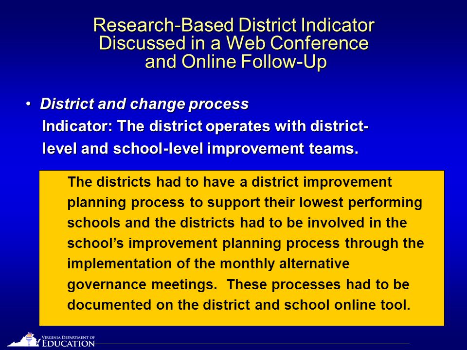Research-Based District Indicator Discussed in a Web Conference and Online Follow-Up District and change processDistrict and change process Indicator: The district operates with district- level and school-level improvement teams.