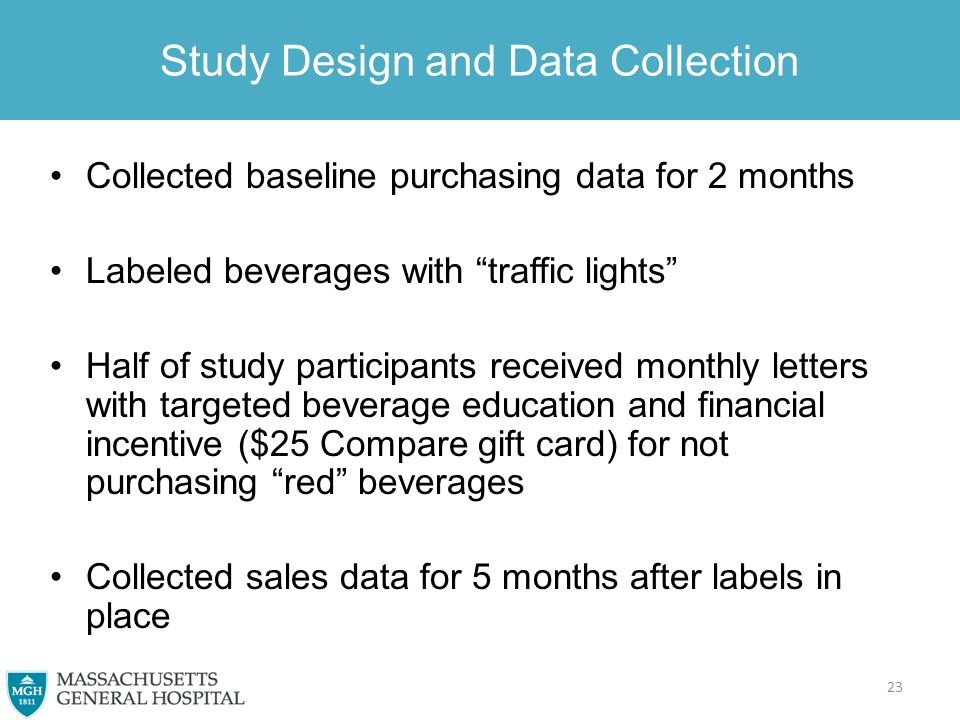 Collected baseline purchasing data for 2 months Labeled beverages with traffic lights Half of study participants received monthly letters with targeted beverage education and financial incentive ($25 Compare gift card) for not purchasing red beverages Collected sales data for 5 months after labels in place 23 Study Design and Data Collection