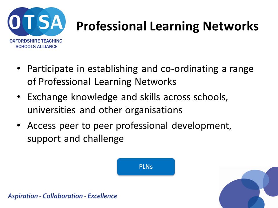 Professional Learning Networks Participate in establishing and co-ordinating a range of Professional Learning Networks Exchange knowledge and skills across schools, universities and other organisations Access peer to peer professional development, support and challenge PLNs