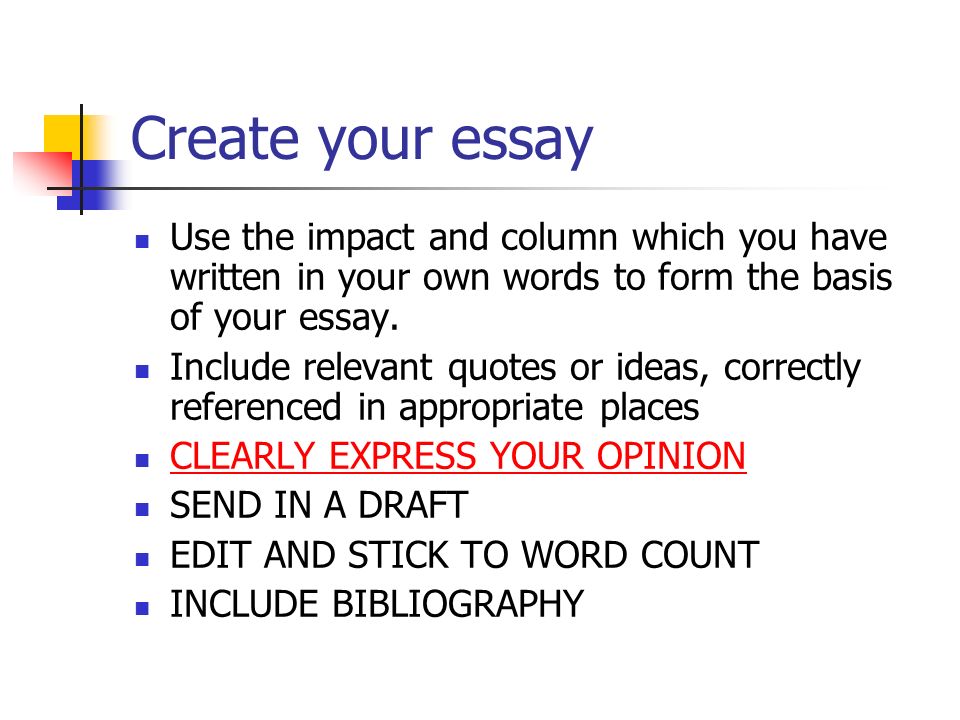 Create your essay Use the impact and column which you have written in your own words to form the basis of your essay.