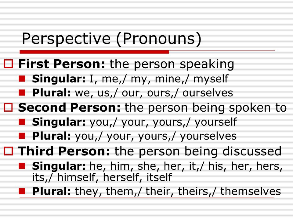 Perspective (Pronouns)  First Person: the person speaking Singular: I, me,/ my, mine,/ myself Plural: we, us,/ our, ours,/ ourselves  Second Person: the person being spoken to Singular: you,/ your, yours,/ yourself Plural: you,/ your, yours,/ yourselves  Third Person: the person being discussed Singular: he, him, she, her, it,/ his, her, hers, its,/ himself, herself, itself Plural: they, them,/ their, theirs,/ themselves