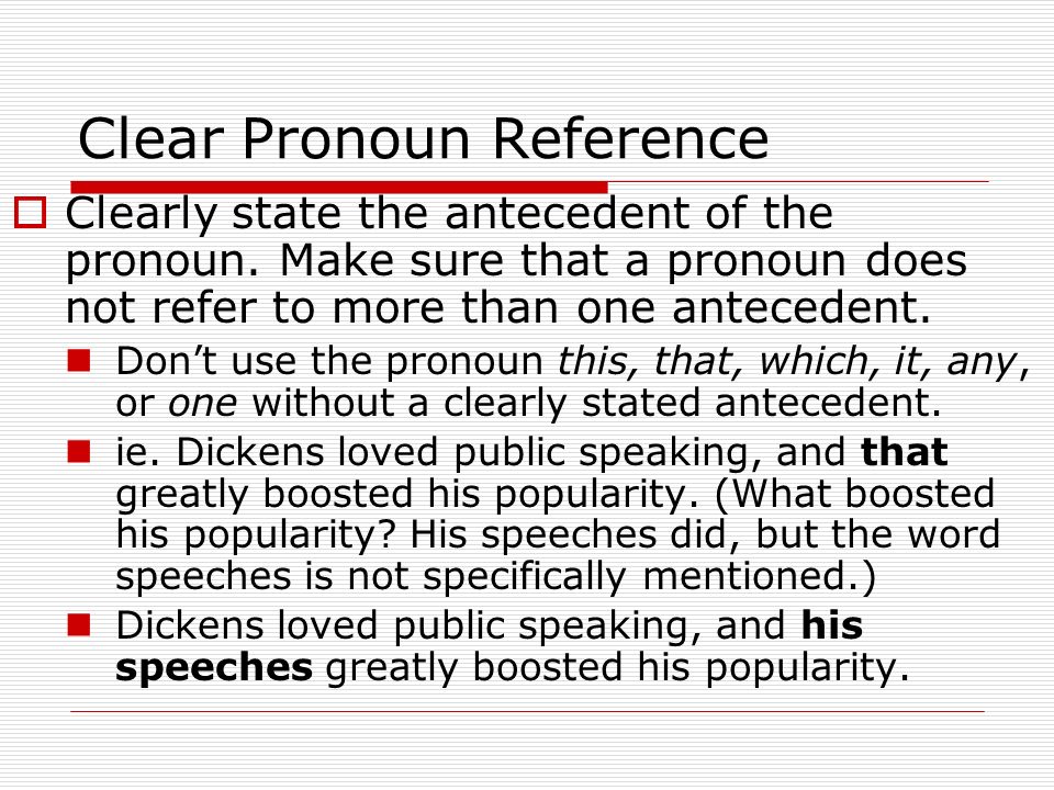 Clear Pronoun Reference  Clearly state the antecedent of the pronoun.