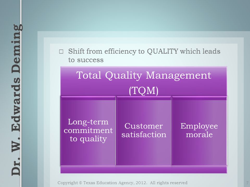 7 Total Quality Management (TQM) Long-term commitment to quality Customer satisfaction Employee morale Copyright © Texas Education Agency, 2012.