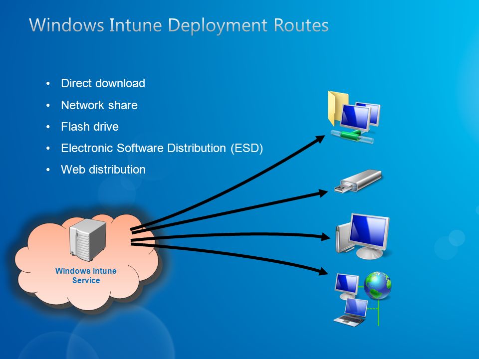Direct download Network share Flash drive Electronic Software Distribution (ESD) Web distribution Windows Intune Service