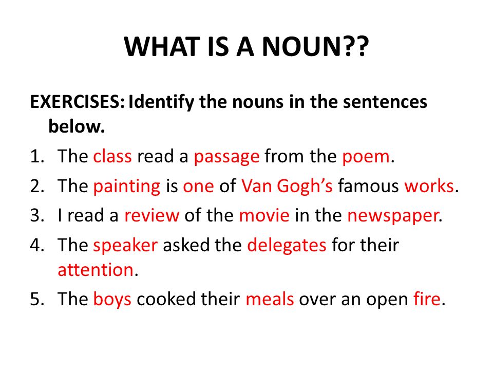WHAT IS A NOUN . EXERCISES: Identify the nouns in the sentences below.