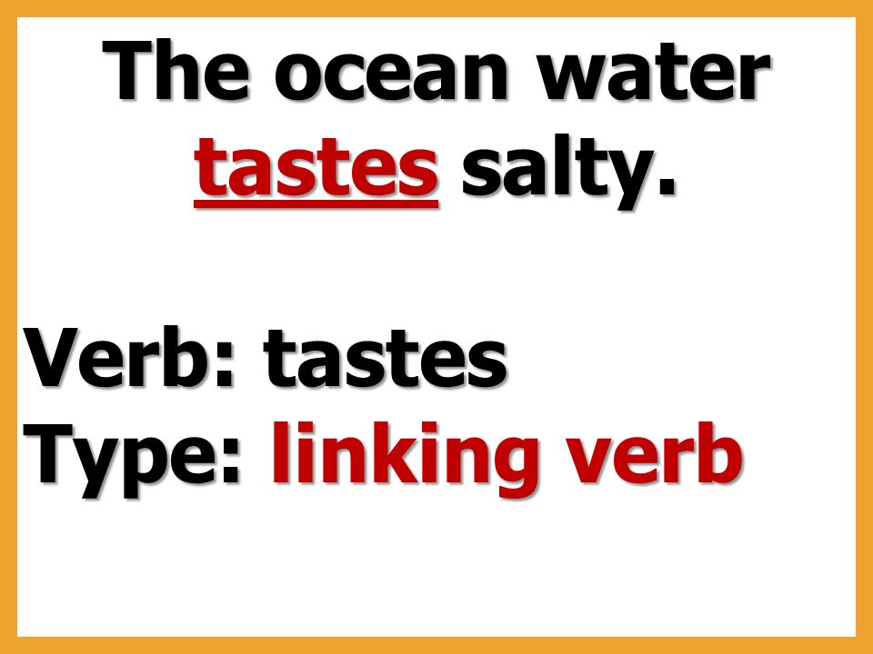 The ocean water tastes salty. Verb: tastes Type: linking verb