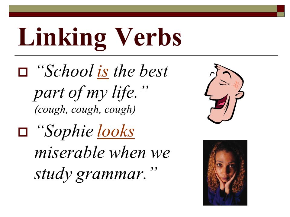 Linking Verbs  School is the best part of my life. (cough, cough, cough)  Sophie looks miserable when we study grammar.