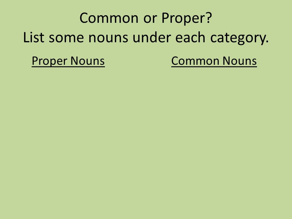 Common or Proper List some nouns under each category. Proper NounsCommon Nouns
