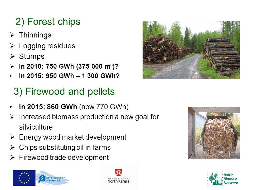 13 2) Forest chips  Thinnings  Logging residues  Stumps  In 2010: 750 GWh ( m³).