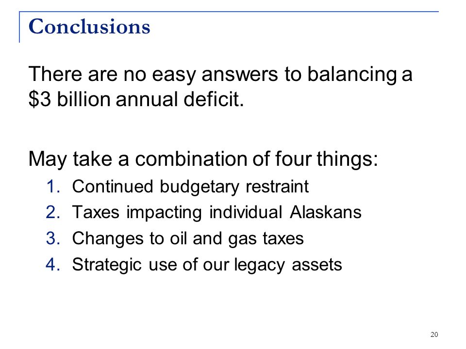 Conclusions There are no easy answers to balancing a $3 billion annual deficit.