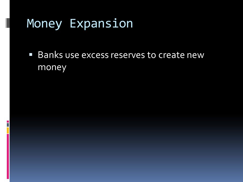 Money Expansion  Banks use excess reserves to create new money