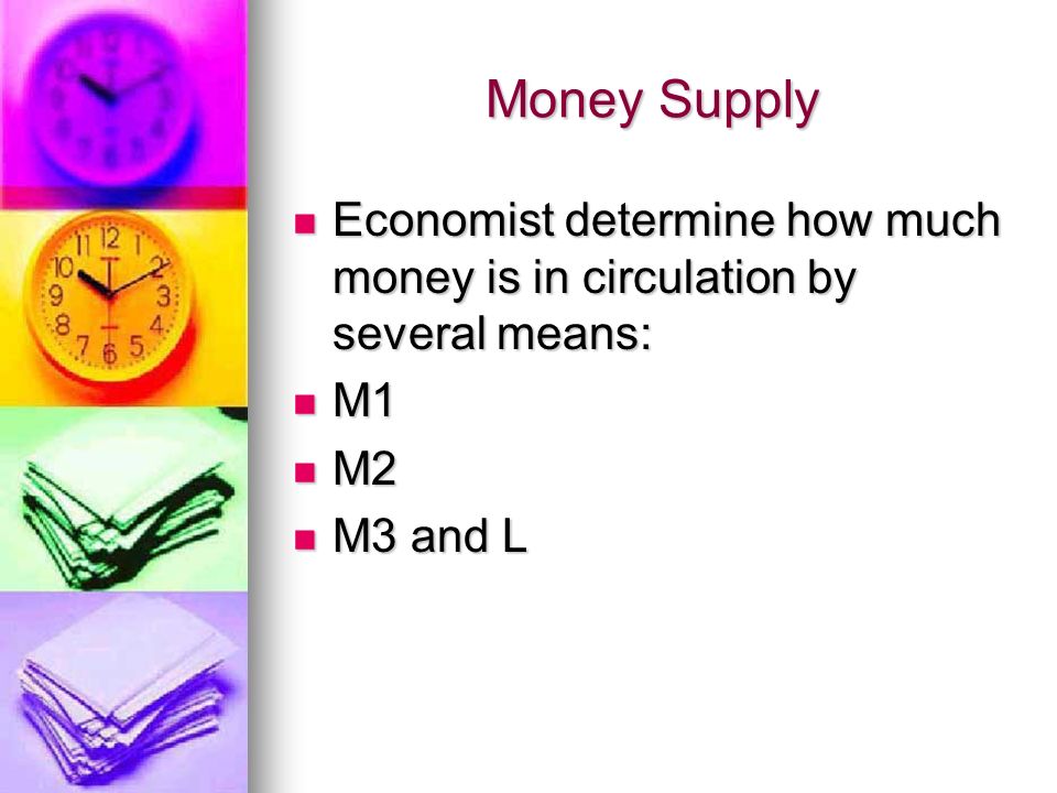 Money Supply Economist determine how much money is in circulation by several means: Economist determine how much money is in circulation by several means: M1 M1 M2 M2 M3 and L M3 and L