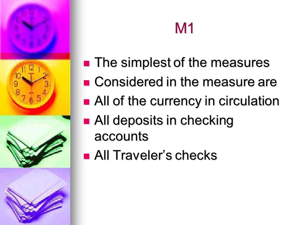 M1 The simplest of the measures The simplest of the measures Considered in the measure are Considered in the measure are All of the currency in circulation All of the currency in circulation All deposits in checking accounts All deposits in checking accounts All Traveler’s checks All Traveler’s checks