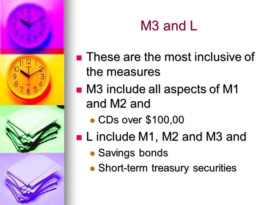 M3 and L These are the most inclusive of the measures These are the most inclusive of the measures M3 include all aspects of M1 and M2 and M3 include all aspects of M1 and M2 and CDs over $100,00 CDs over $100,00 L include M1, M2 and M3 and L include M1, M2 and M3 and Savings bonds Savings bonds Short-term treasury securities Short-term treasury securities