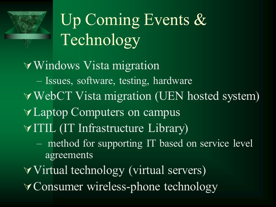 Up Coming Events & Technology  Windows Vista migration –Issues, software, testing, hardware  WebCT Vista migration (UEN hosted system)  Laptop Computers on campus  ITIL (IT Infrastructure Library) – method for supporting IT based on service level agreements  Virtual technology (virtual servers)  Consumer wireless-phone technology