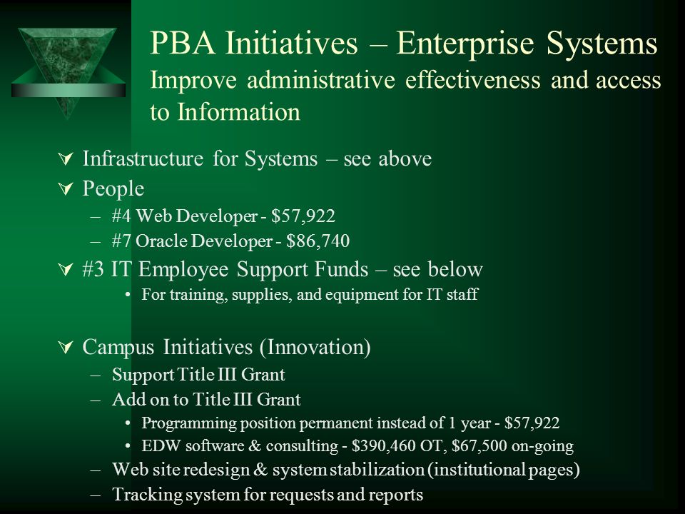 PBA Initiatives – Enterprise Systems Improve administrative effectiveness and access to Information  Infrastructure for Systems – see above  People –#4 Web Developer - $57,922 –#7 Oracle Developer - $86,740  #3 IT Employee Support Funds – see below For training, supplies, and equipment for IT staff  Campus Initiatives (Innovation) –Support Title III Grant –Add on to Title III Grant Programming position permanent instead of 1 year - $57,922 EDW software & consulting - $390,460 OT, $67,500 on-going –Web site redesign & system stabilization (institutional pages) –Tracking system for requests and reports