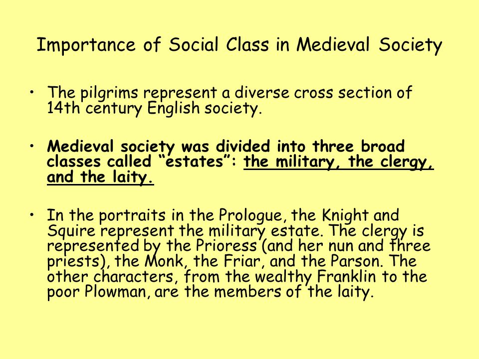 Importance of Social Class in Medieval Society The pilgrims represent a diverse cross section of 14th century English society.