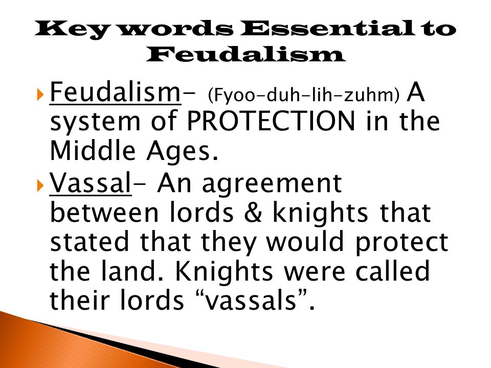  Feudalism- (Fyoo-duh-lih-zuhm) A system of PROTECTION in the Middle Ages.