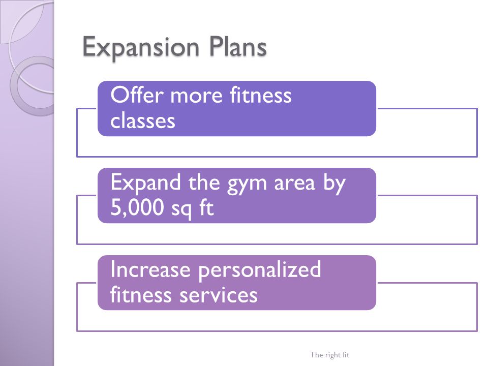 Expansion Plans Offer more fitness classes Expand the gym area by 5,000 sq ft Increase personalized fitness services The right fit