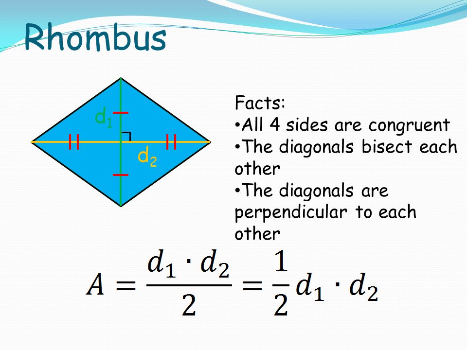 Rhombus d2d2 Facts: All 4 sides are congruent The diagonals bisect each other The diagonals are perpendicular to each other d1d1