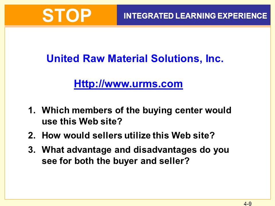 4-9 INTEGRATED LEARNING EXPERIENCE STOP United Raw Material Solutions, Inc.